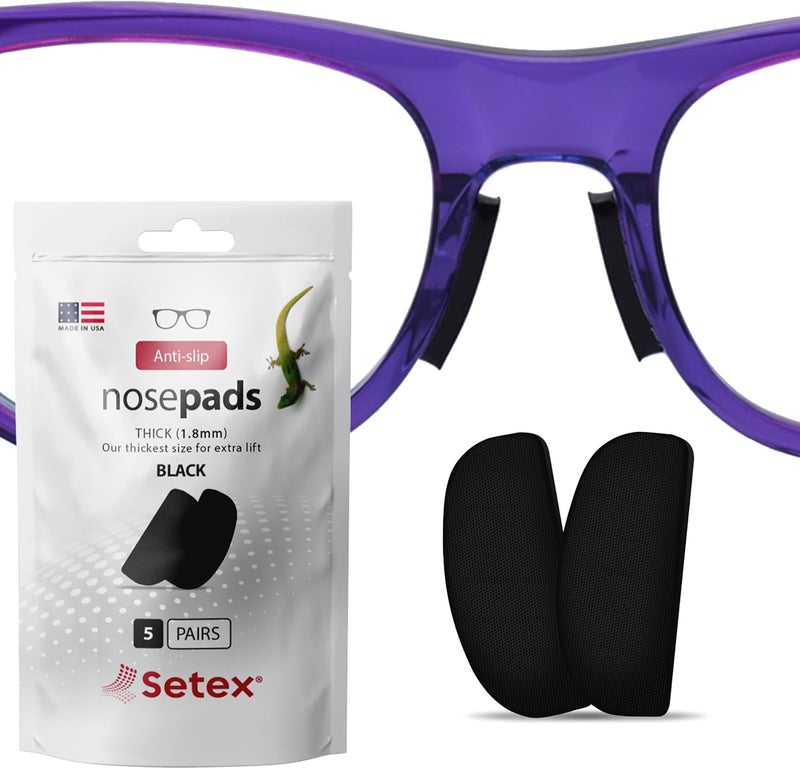 Setex Store Gecko Grip 1.8mm Thick Anti Slip Eyeglass Nose Pads, (5 Black Pair) USA Made, 2500 Innovative Microstructured Fibers per Nose Pad, 1.8mm x 7mm x 16mm - Image 1